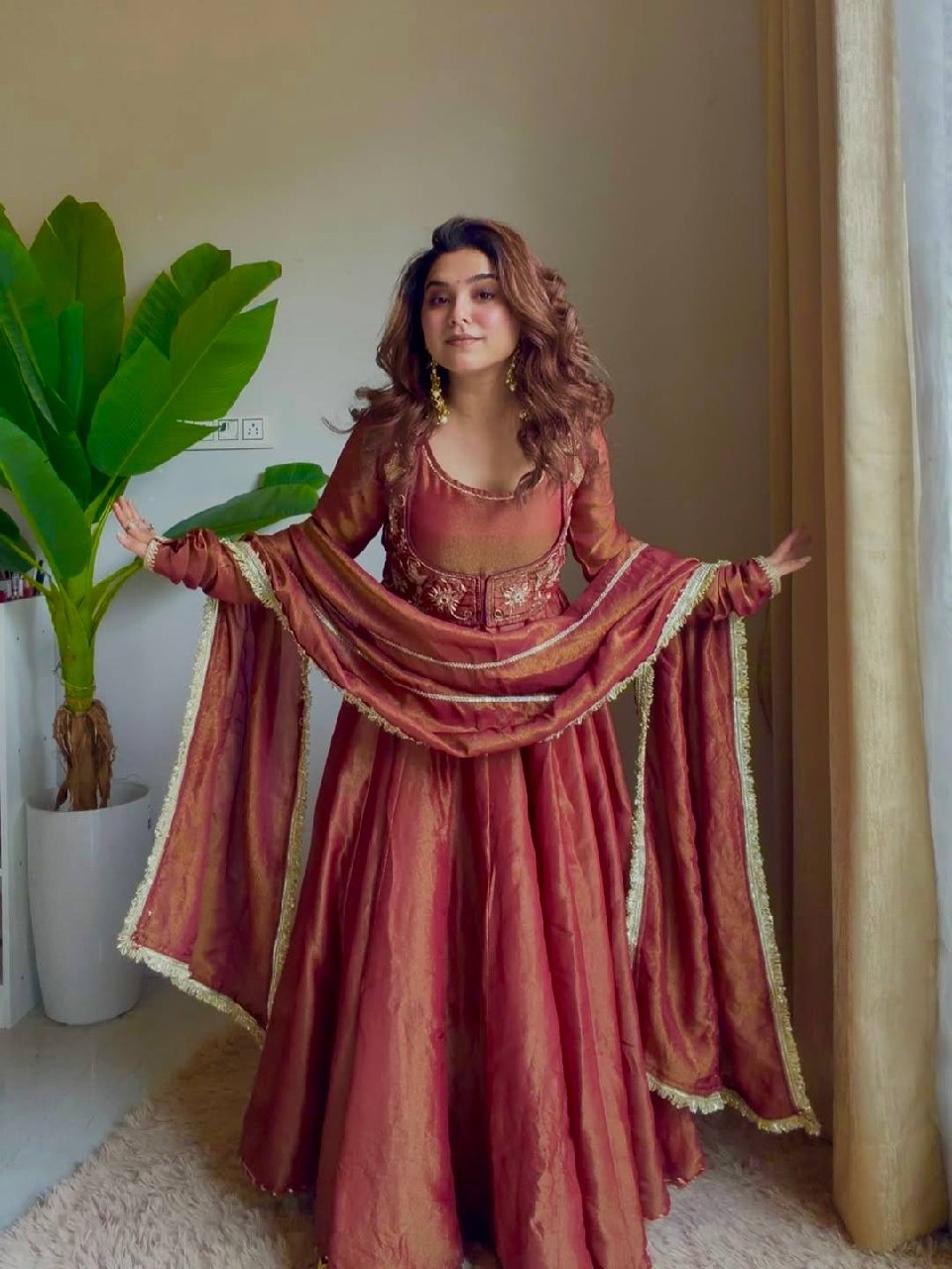 Regal Terracotta Zari-Bodice Anarkali Set